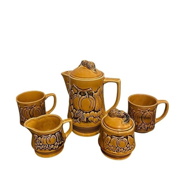 McCoy Style Other - Vintage Harvest Gold Ceramic Tea Coffee Set Fruit Relief Squirrel Finial 5pc
